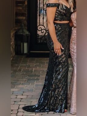 Sherri Hill Black Sequined Off-Shoulder Two-Piece Prom Dress
